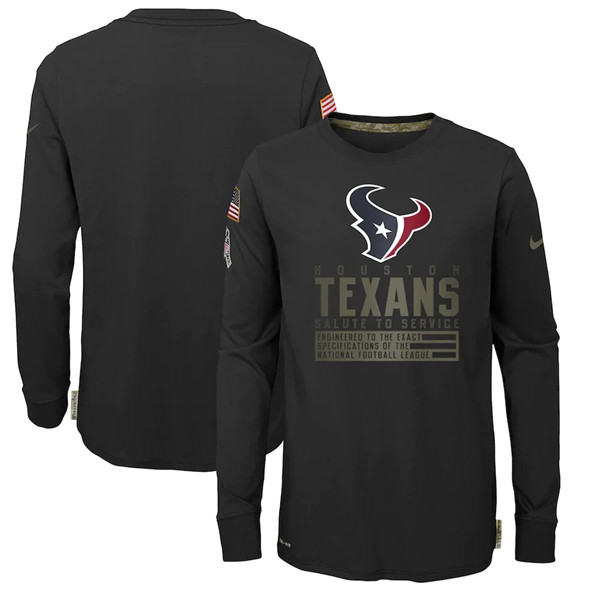 Youth Houston Texans Black NFL 2020 Salute To Service Sideline Performance Long Sleeve T-Shirt